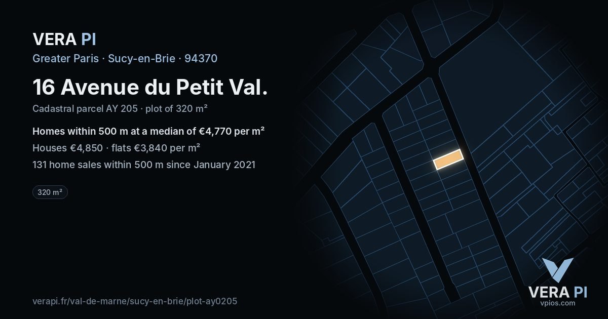 16 Avenue du Petit Val, Sucy-en-Brie at night – the plot lit, the parcels around coloured by the prices near them