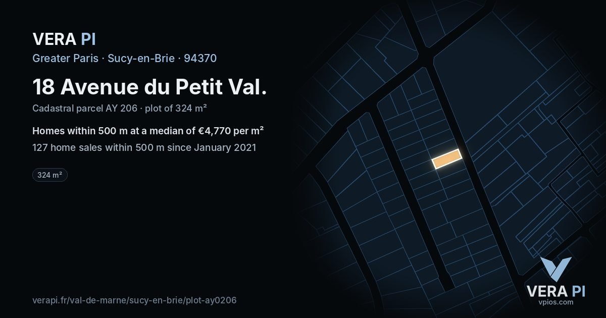 18 Avenue du Petit Val, Sucy-en-Brie at night – the plot lit, the parcels around coloured by the prices near them