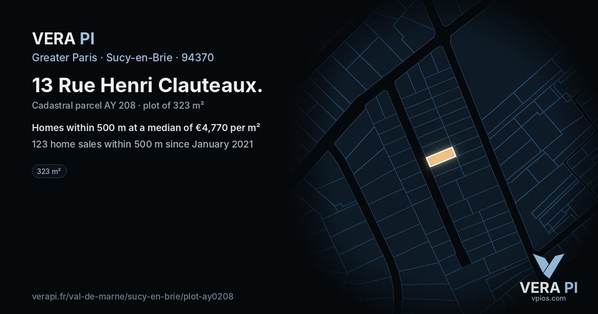 13 Rue Henri Clauteaux, Sucy-en-Brie at night – the plot lit, the parcels around coloured by the prices near them
