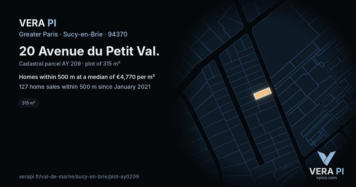 20 Avenue du Petit Val, Sucy-en-Brie at night – the plot lit, the parcels around coloured by the prices near them