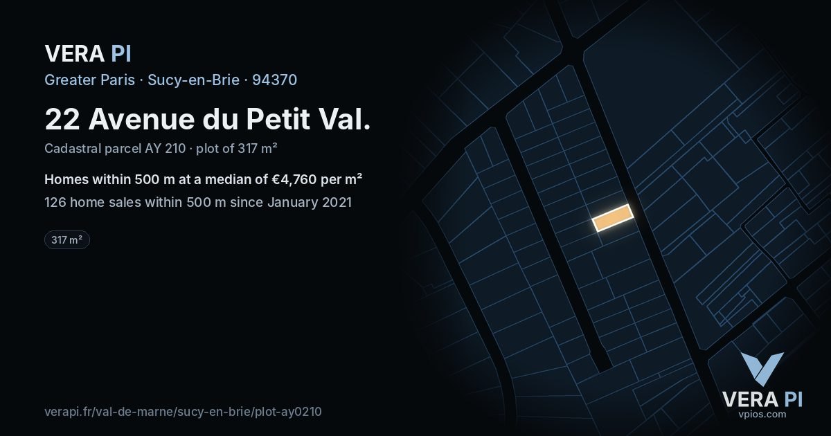22 Avenue du Petit Val, Sucy-en-Brie at night – the plot lit, the parcels around coloured by the prices near them
