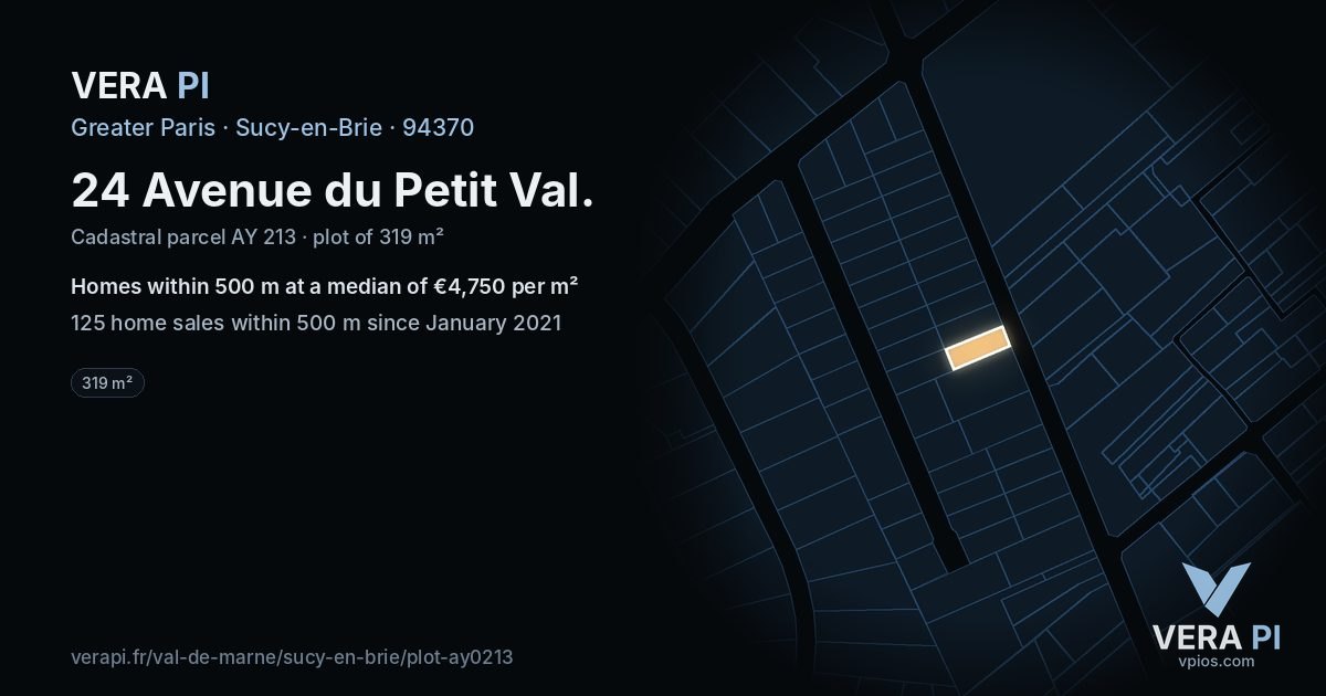 24 Avenue du Petit Val, Sucy-en-Brie at night – the plot lit, the parcels around coloured by the prices near them