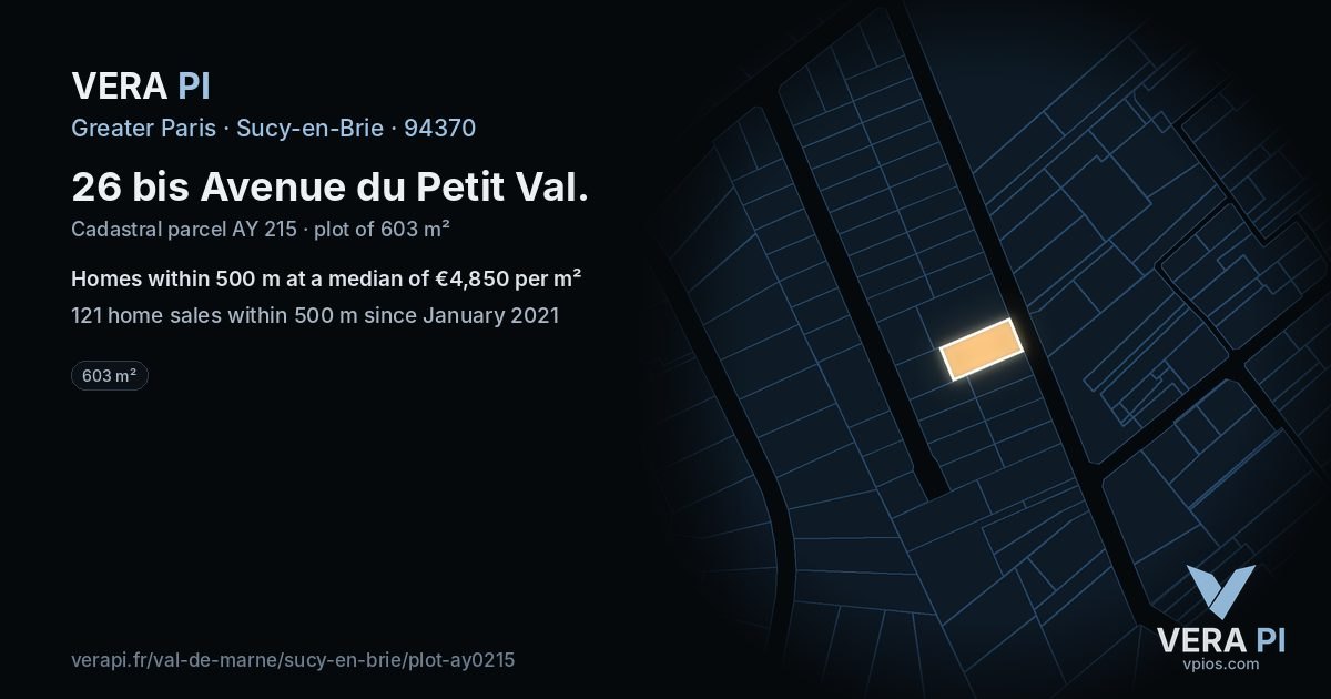 26 bis Avenue du Petit Val, Sucy-en-Brie at night – the plot lit, the parcels around coloured by the prices near them