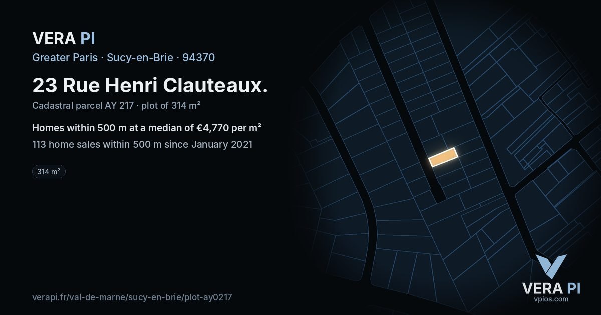 23 Rue Henri Clauteaux, Sucy-en-Brie at night – the plot lit, the parcels around coloured by the prices near them