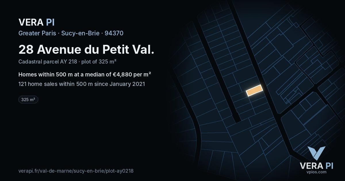 28 Avenue du Petit Val, Sucy-en-Brie at night – the plot lit, the parcels around coloured by the prices near them