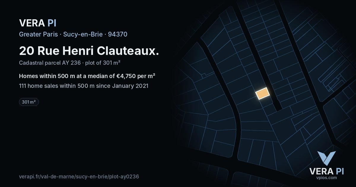 20 Rue Henri Clauteaux, Sucy-en-Brie at night – the plot lit, the parcels around coloured by the prices near them