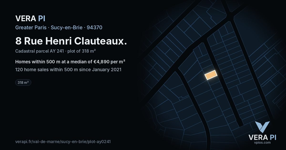 8 Rue Henri Clauteaux, Sucy-en-Brie at night – the plot lit, the parcels around coloured by the prices near them