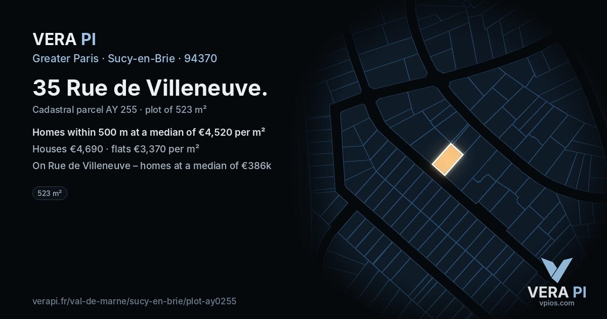 35 Rue de Villeneuve, Sucy-en-Brie at night – the plot lit, the parcels around coloured by the prices near them