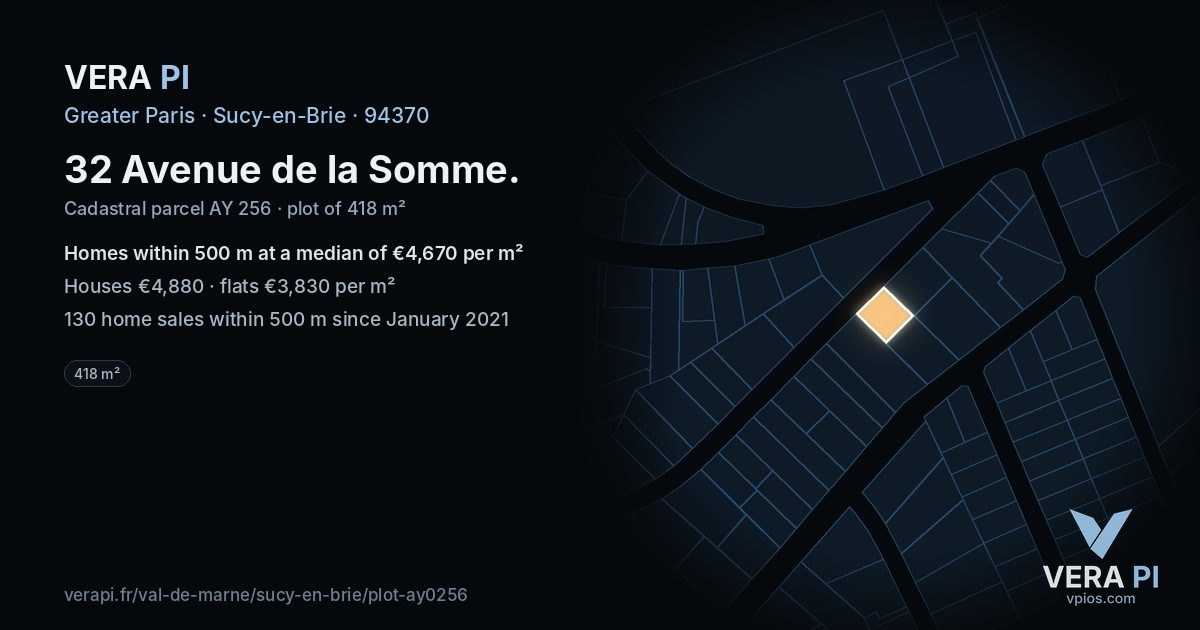 32 Avenue de la Somme, Sucy-en-Brie at night – the plot lit, the parcels around coloured by the prices near them