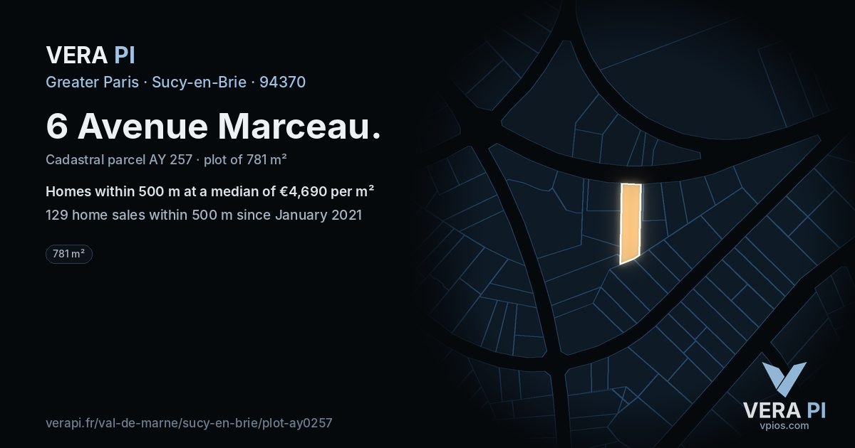 6 Avenue Marceau, Sucy-en-Brie at night – the plot lit, the parcels around coloured by the prices near them