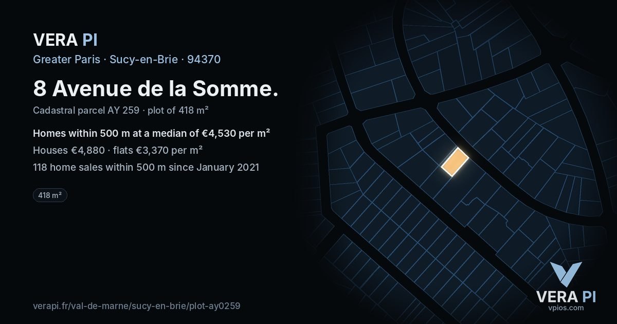 8 Avenue de la Somme, Sucy-en-Brie at night – the plot lit, the parcels around coloured by the prices near them