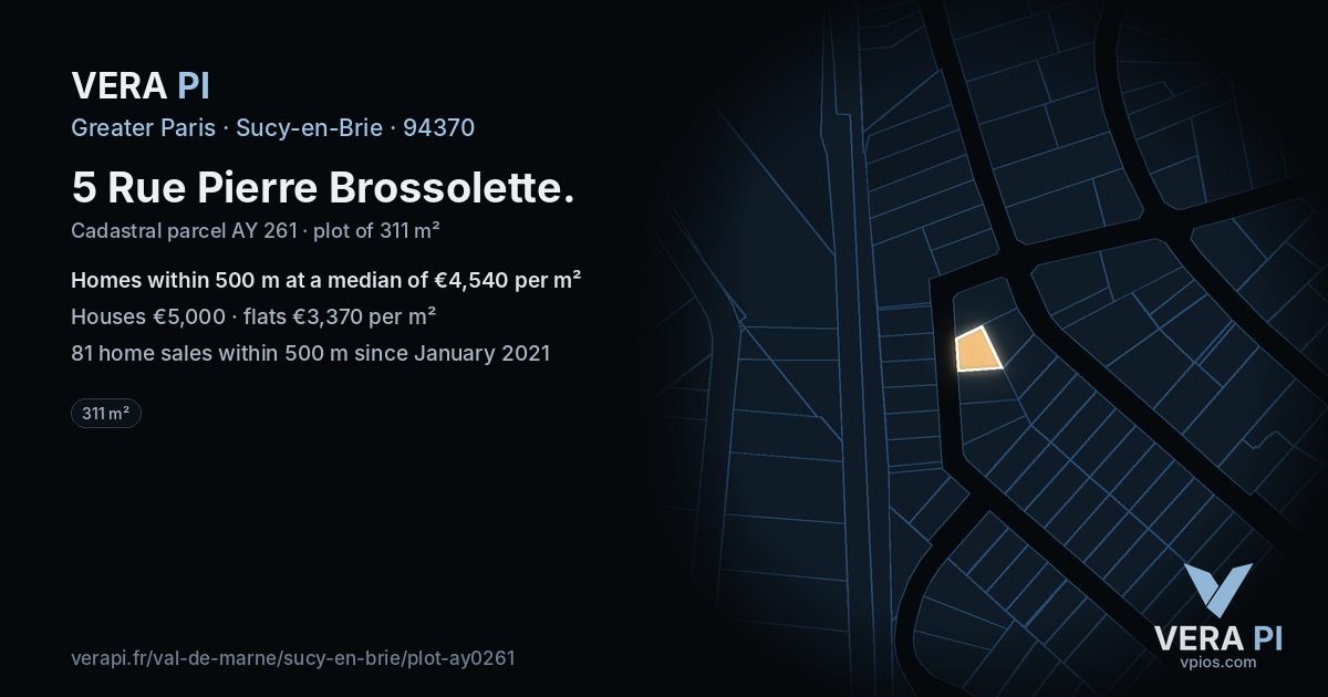 5 Rue Pierre Brossolette, Sucy-en-Brie at night – the plot lit, the parcels around coloured by the prices near them