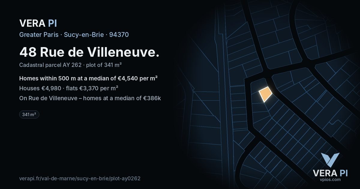 48 Rue de Villeneuve, Sucy-en-Brie at night – the plot lit, the parcels around coloured by the prices near them