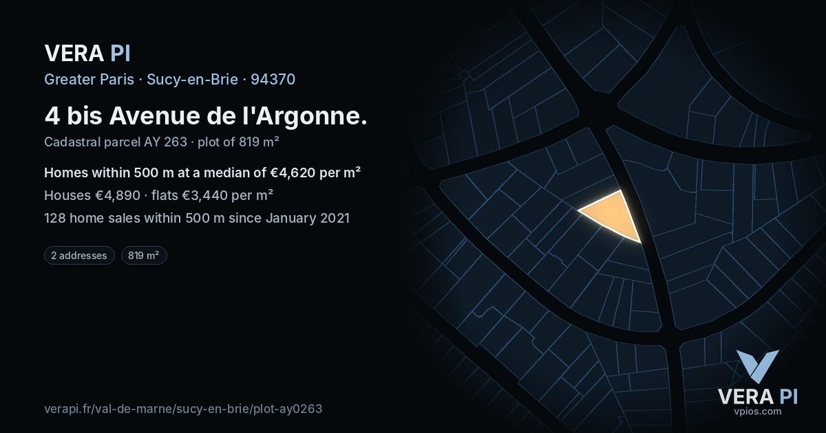 4 bis Avenue de l'Argonne, Sucy-en-Brie at night – the plot lit, the parcels around coloured by the prices near them
