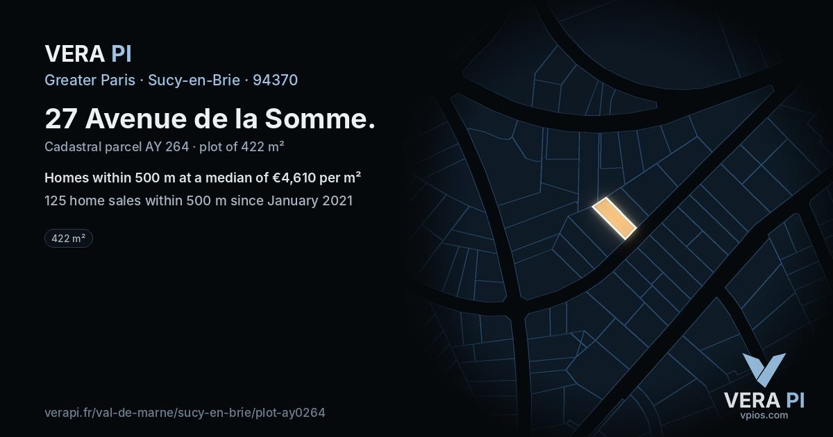 27 Avenue de la Somme, Sucy-en-Brie at night – the plot lit, the parcels around coloured by the prices near them