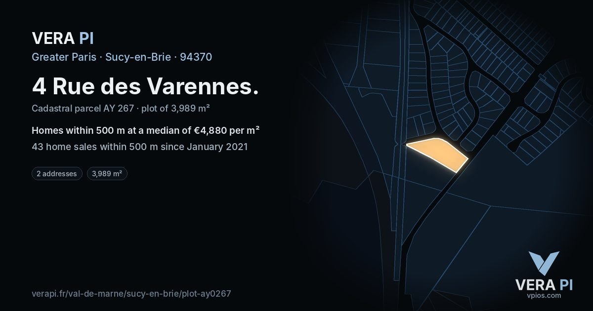 4 Rue des Varennes, Sucy-en-Brie at night – the plot lit, the parcels around coloured by the prices near them