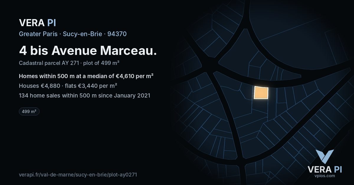 4 bis Avenue Marceau, Sucy-en-Brie at night – the plot lit, the parcels around coloured by the prices near them