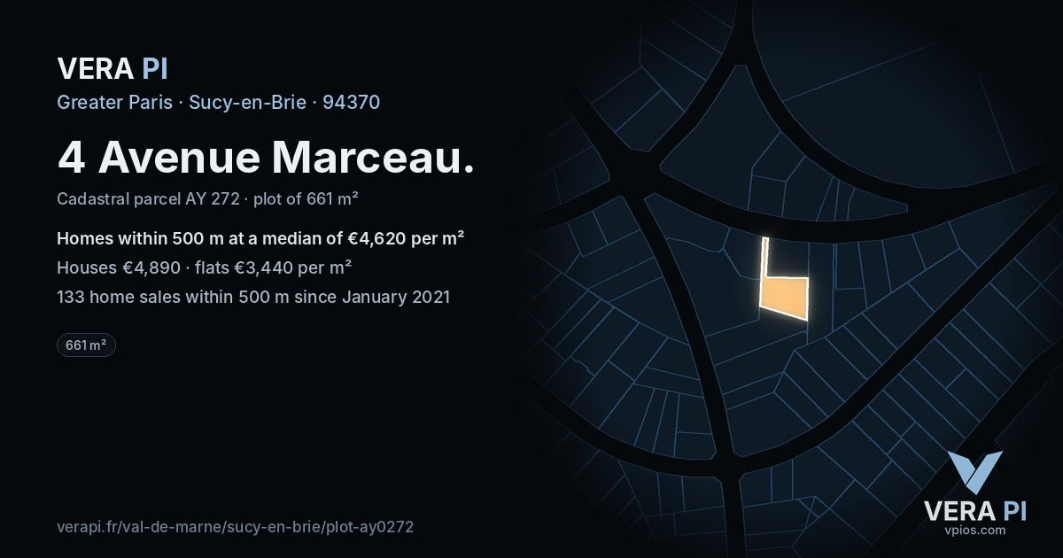 4 Avenue Marceau, Sucy-en-Brie at night – the plot lit, the parcels around coloured by the prices near them