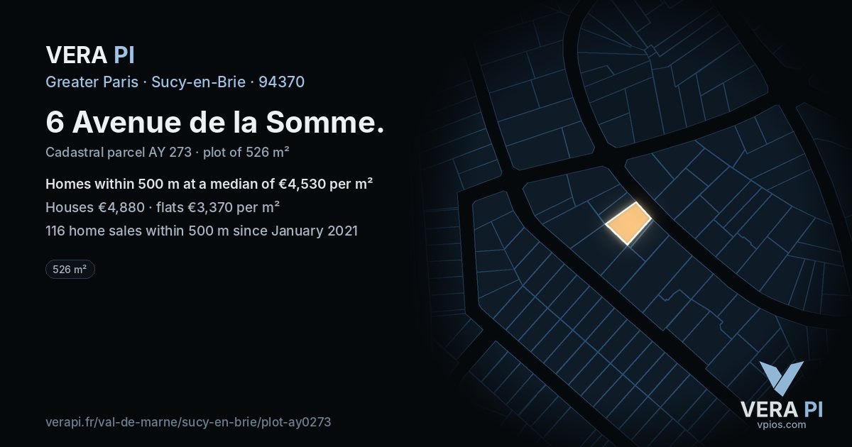 6 Avenue de la Somme, Sucy-en-Brie at night – the plot lit, the parcels around coloured by the prices near them