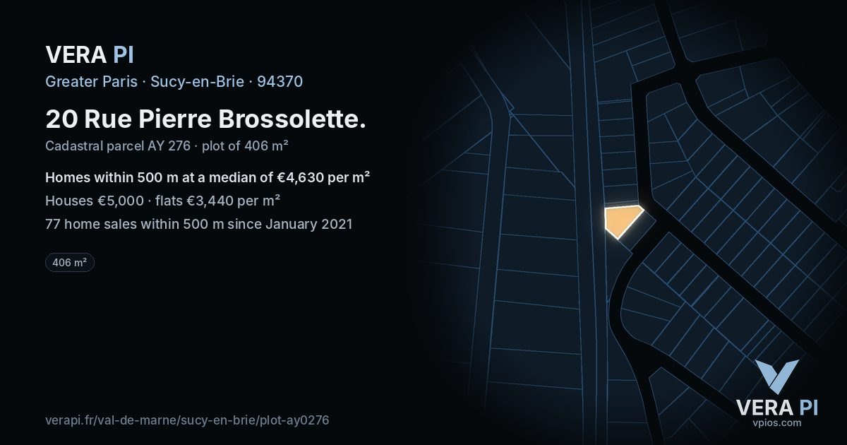 20 Rue Pierre Brossolette, Sucy-en-Brie at night – the plot lit, the parcels around coloured by the prices near them