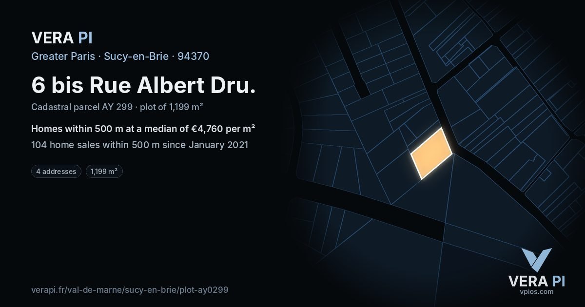 6 bis Rue Albert Dru, Sucy-en-Brie at night – the plot lit, the parcels around coloured by the prices near them