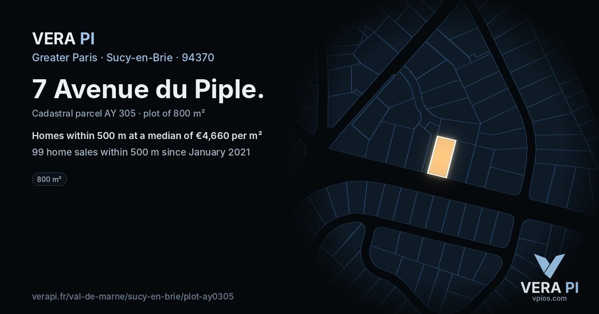 7 Avenue du Piple, Sucy-en-Brie at night – the plot lit, the parcels around coloured by the prices near them