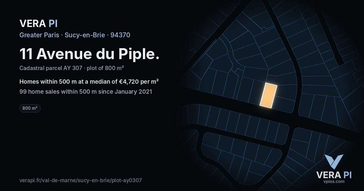 11 Avenue du Piple, Sucy-en-Brie at night – the plot lit, the parcels around coloured by the prices near them
