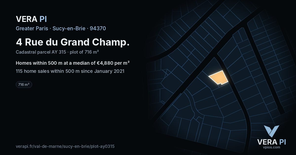 4 Rue du Grand Champ, Sucy-en-Brie at night – the plot lit, the parcels around coloured by the prices near them