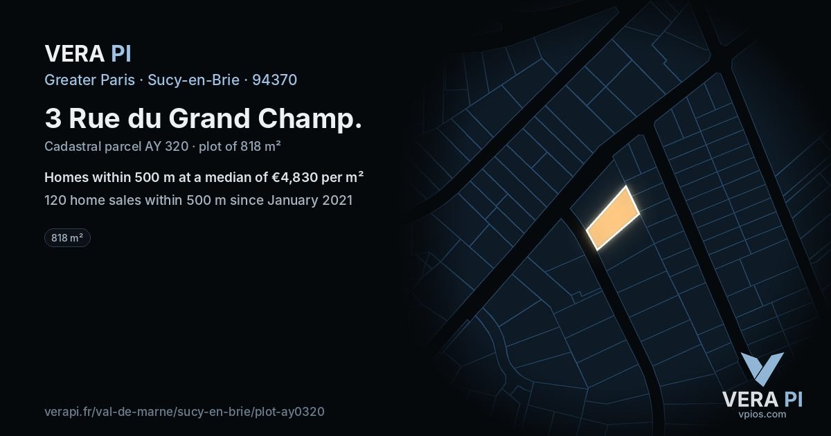 3 Rue du Grand Champ, Sucy-en-Brie at night – the plot lit, the parcels around coloured by the prices near them