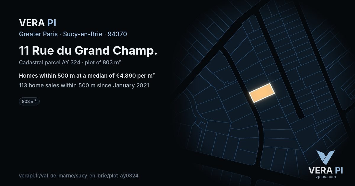 11 Rue du Grand Champ, Sucy-en-Brie at night – the plot lit, the parcels around coloured by the prices near them
