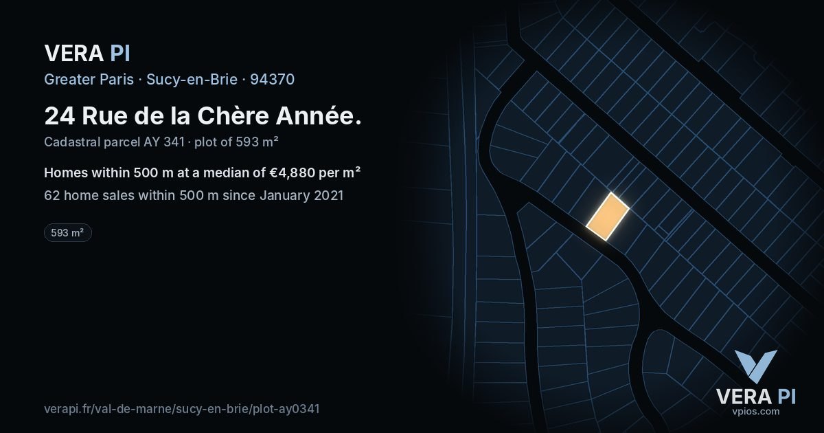24 Rue de la Chère Année, Sucy-en-Brie at night – the plot lit, the parcels around coloured by the prices near them