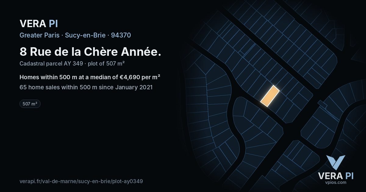 8 Rue de la Chère Année, Sucy-en-Brie at night – the plot lit, the parcels around coloured by the prices near them