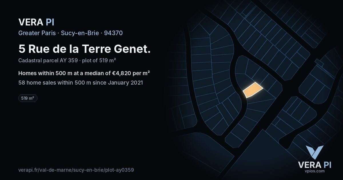 5 Rue de la Terre Genet, Sucy-en-Brie at night – the plot lit, the parcels around coloured by the prices near them