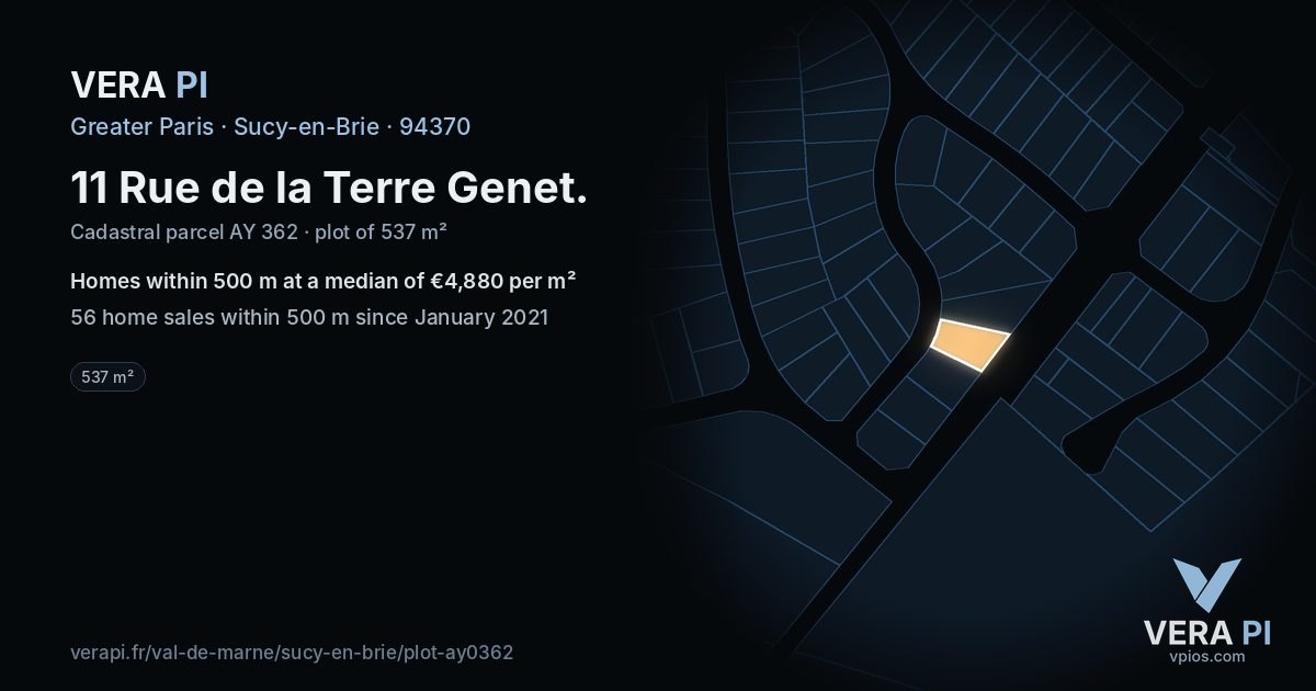 11 Rue de la Terre Genet, Sucy-en-Brie at night – the plot lit, the parcels around coloured by the prices near them