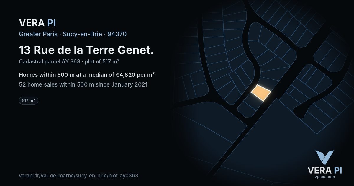 13 Rue de la Terre Genet, Sucy-en-Brie at night – the plot lit, the parcels around coloured by the prices near them