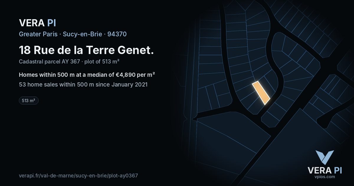 18 Rue de la Terre Genet, Sucy-en-Brie at night – the plot lit, the parcels around coloured by the prices near them