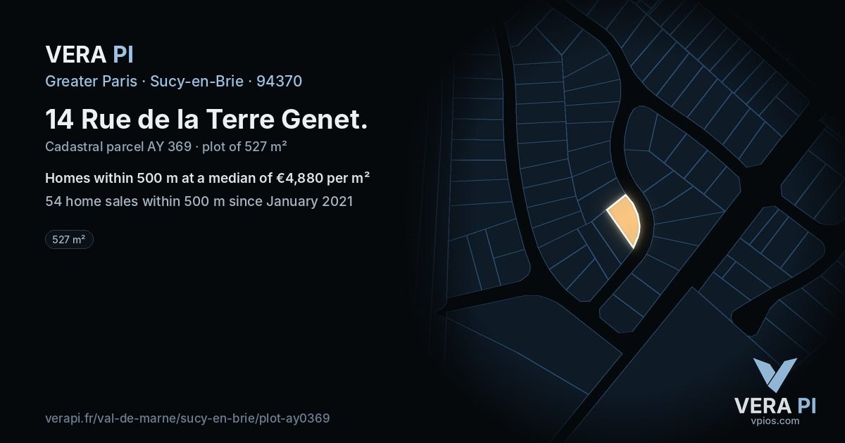 14 Rue de la Terre Genet, Sucy-en-Brie at night – the plot lit, the parcels around coloured by the prices near them