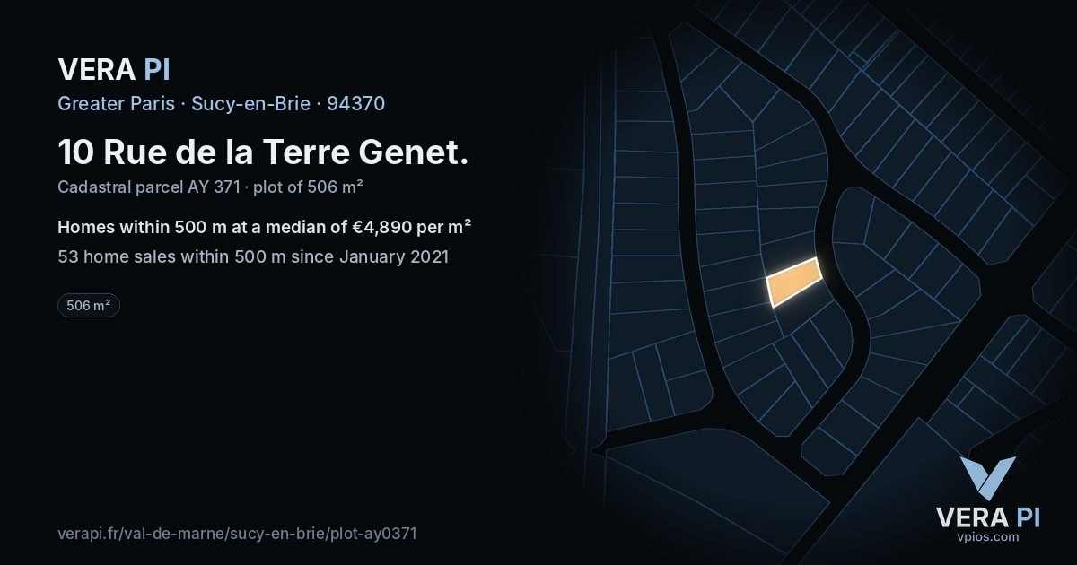 10 Rue de la Terre Genet, Sucy-en-Brie at night – the plot lit, the parcels around coloured by the prices near them
