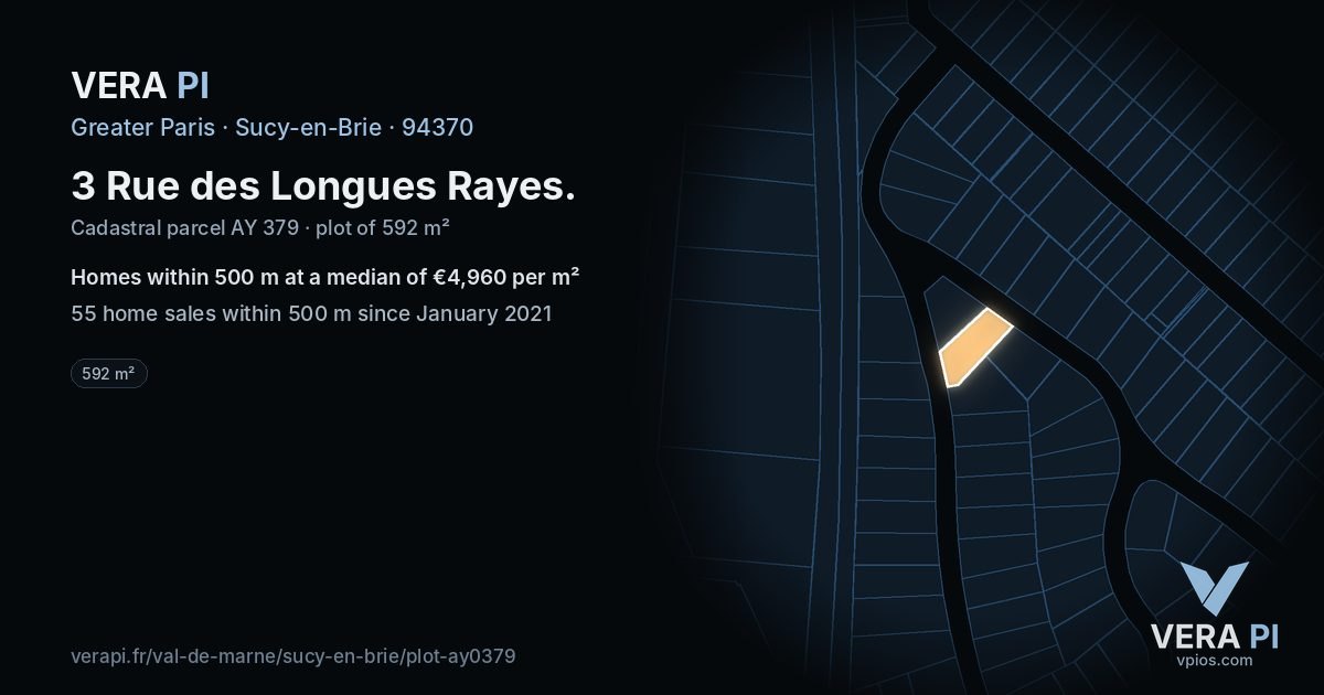 3 Rue des Longues Rayes, Sucy-en-Brie at night – the plot lit, the parcels around coloured by the prices near them