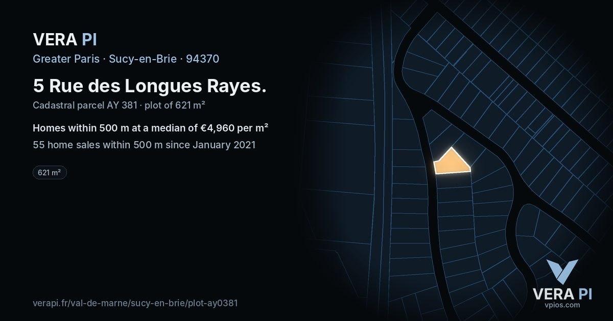 5 Rue des Longues Rayes, Sucy-en-Brie at night – the plot lit, the parcels around coloured by the prices near them