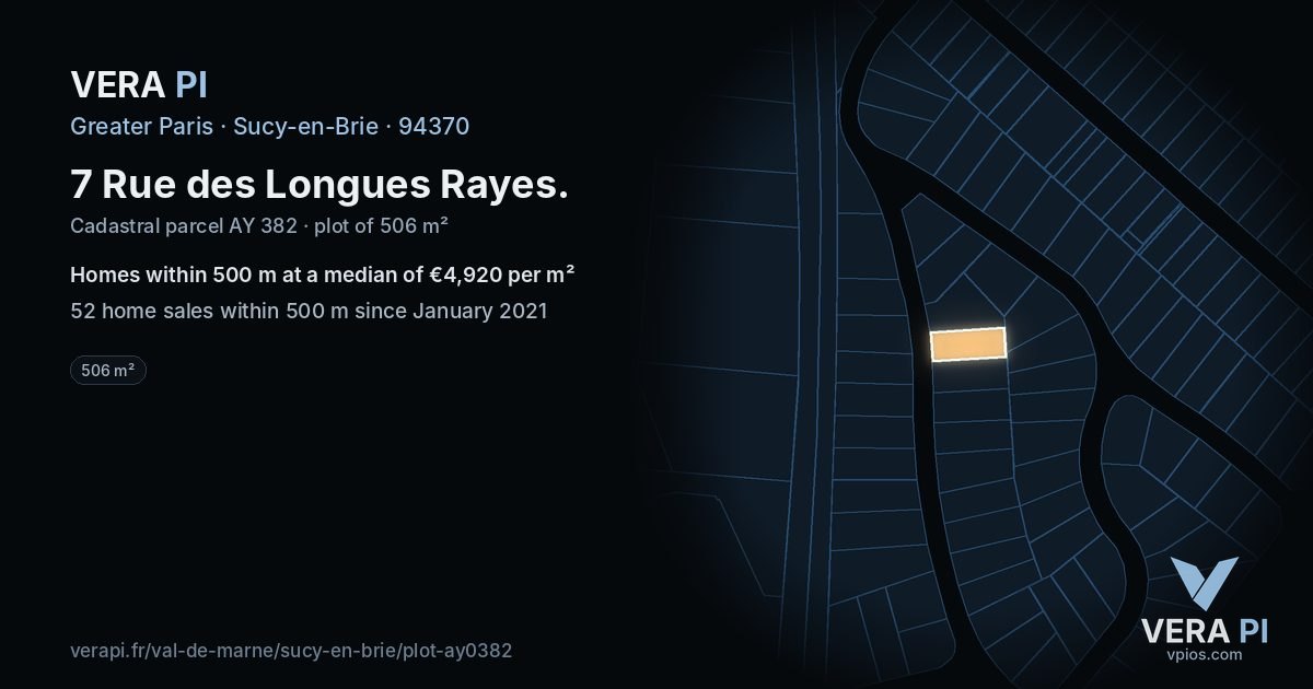 7 Rue des Longues Rayes, Sucy-en-Brie at night – the plot lit, the parcels around coloured by the prices near them