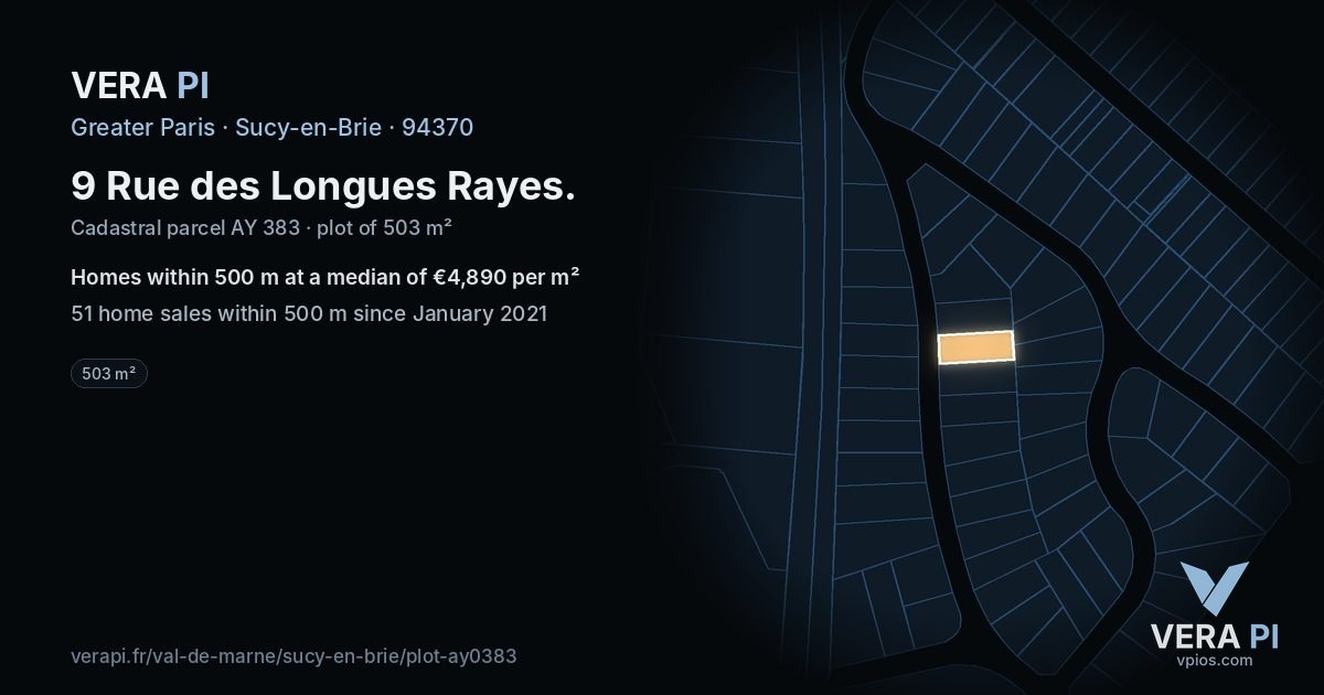 9 Rue des Longues Rayes, Sucy-en-Brie at night – the plot lit, the parcels around coloured by the prices near them