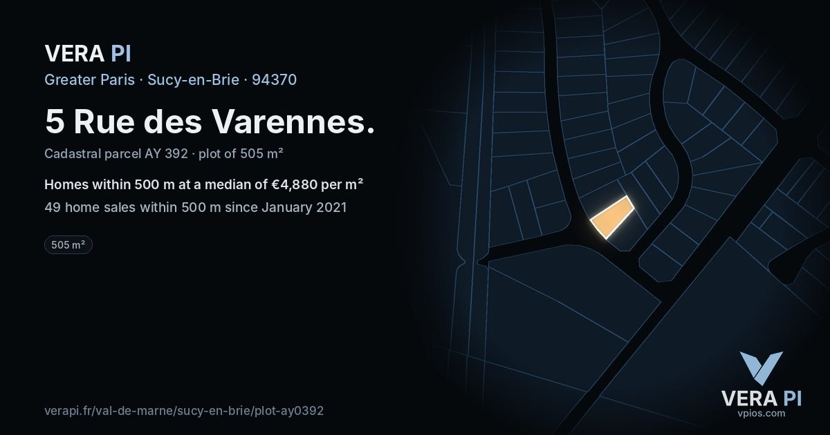 5 Rue des Varennes, Sucy-en-Brie at night – the plot lit, the parcels around coloured by the prices near them