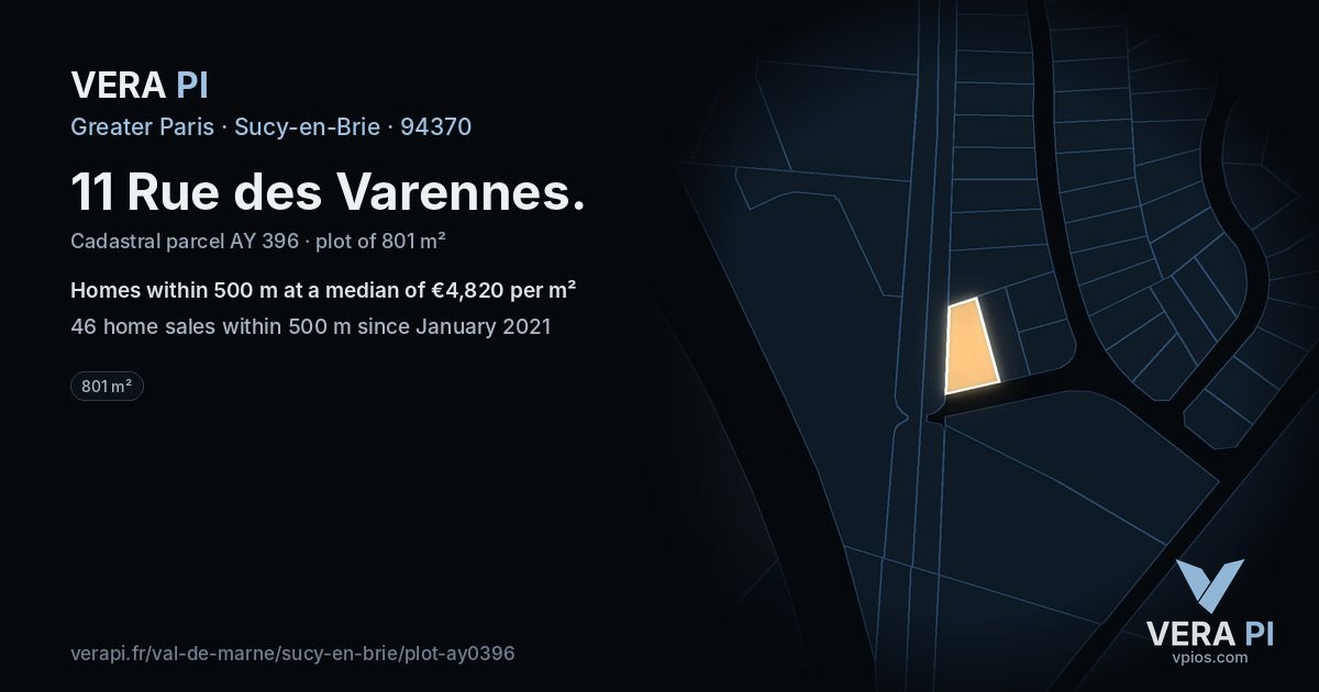 11 Rue des Varennes, Sucy-en-Brie at night – the plot lit, the parcels around coloured by the prices near them