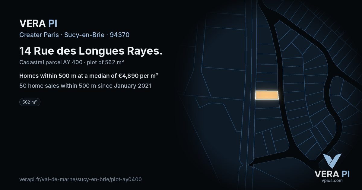 14 Rue des Longues Rayes, Sucy-en-Brie at night – the plot lit, the parcels around coloured by the prices near them