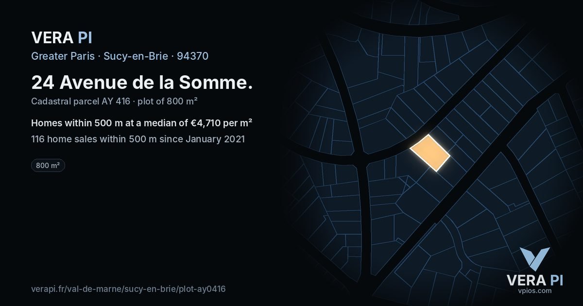 24 Avenue de la Somme, Sucy-en-Brie at night – the plot lit, the parcels around coloured by the prices near them