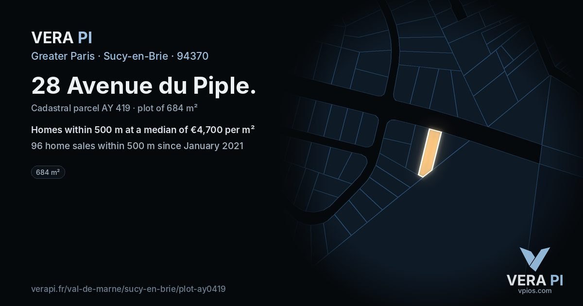 28 Avenue du Piple, Sucy-en-Brie at night – the plot lit, the parcels around coloured by the prices near them