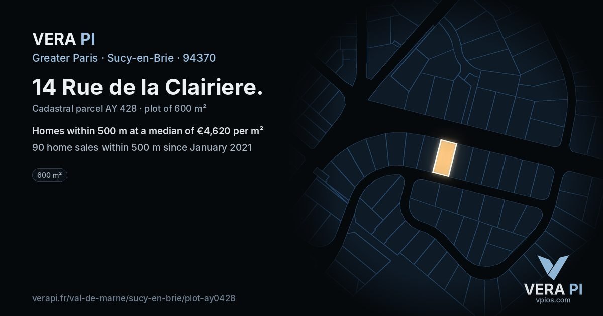 14 Rue de la Clairiere, Sucy-en-Brie at night – the plot lit, the parcels around coloured by the prices near them