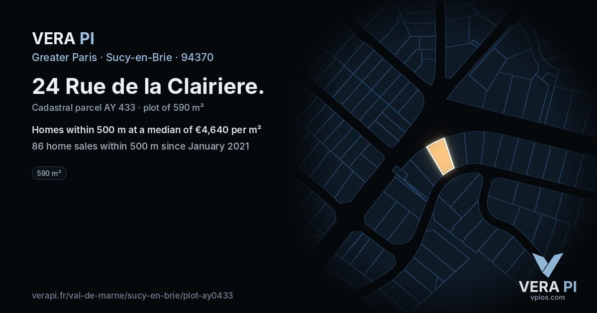 24 Rue de la Clairiere, Sucy-en-Brie at night – the plot lit, the parcels around coloured by the prices near them