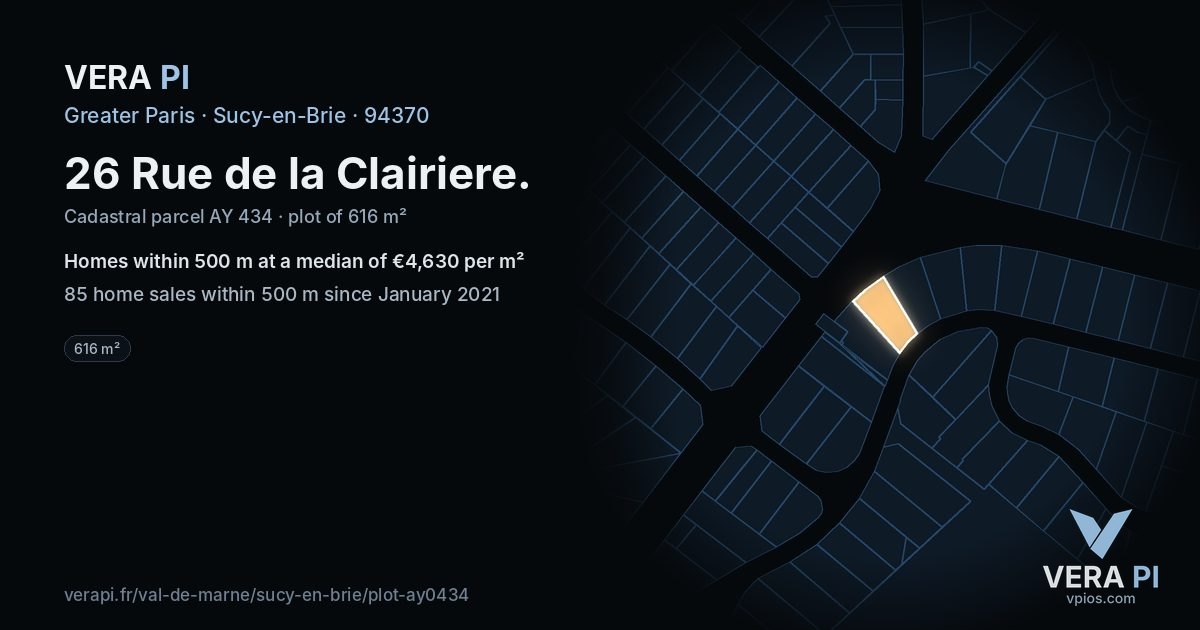 26 Rue de la Clairiere, Sucy-en-Brie at night – the plot lit, the parcels around coloured by the prices near them